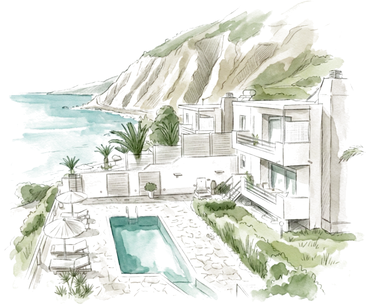 Watercolor sketch of Villa Chryssa above the bay