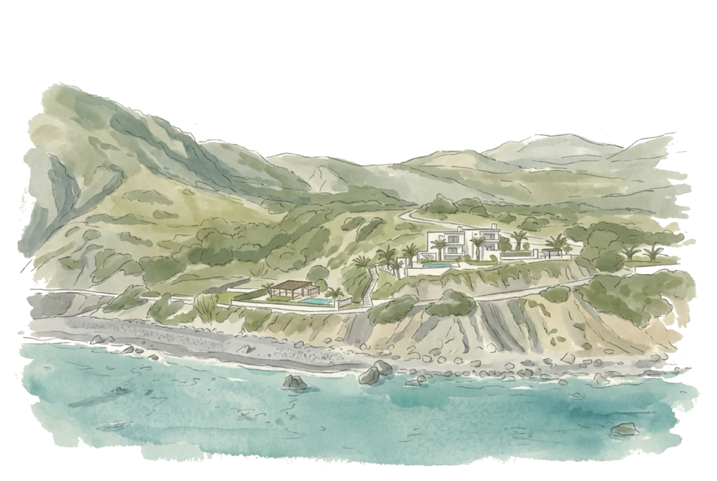 Hand-painted watercolor of the three houses on the headland above the sea